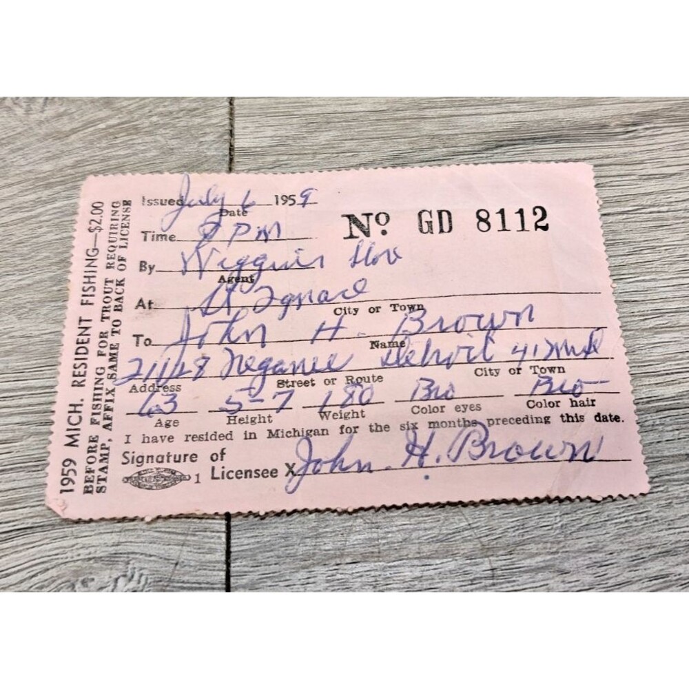 Vintage 1959 Michigan Fishing License w/ Signed $2 Purple Trout Stamp UP